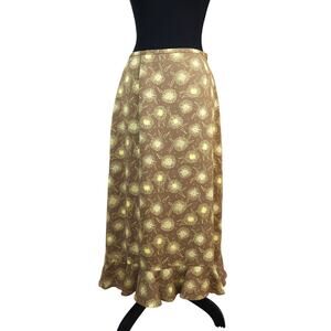 Vintage 90s Y2K Judith Hart Brown & Yellow Midi Skirt Ruffle Hem Floral Flowy 12